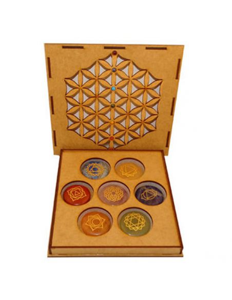 Estuche de Madera con Siete Gemas para Chakras Flor de la Vida