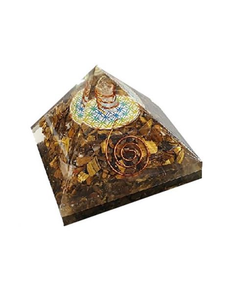 Orgonita Pirámide Ojo de Tigre con Flor de la Vida 9x9 cm.