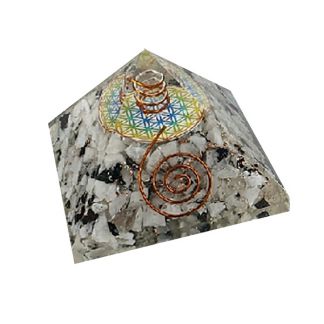 Orgonita Pirámide Piedra Luna con Flor de la Vida 9x9 cm.