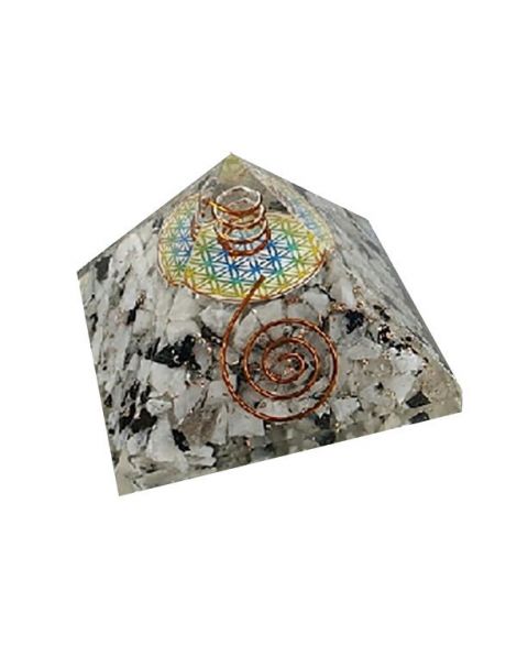 Orgonita Pirámide Piedra Luna con Flor de la Vida 9x9 cm.