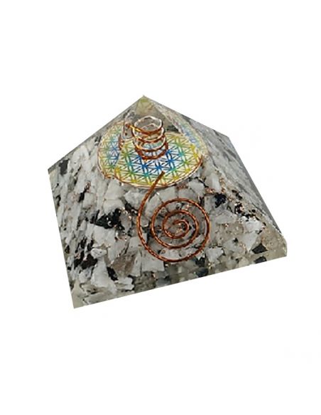 Orgonita Pirámide Piedra Luna con Flor de la Vida 9x9 cm.
