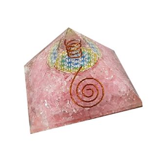 Orgonita Pirámide Cuarzo Rosa con Flor de la Vida 9x9 cm.