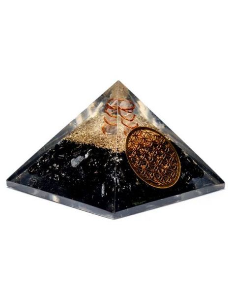 Orgonita Pirámide Turmalina Negra y Flor de la Vida 7x7x6 cm.
