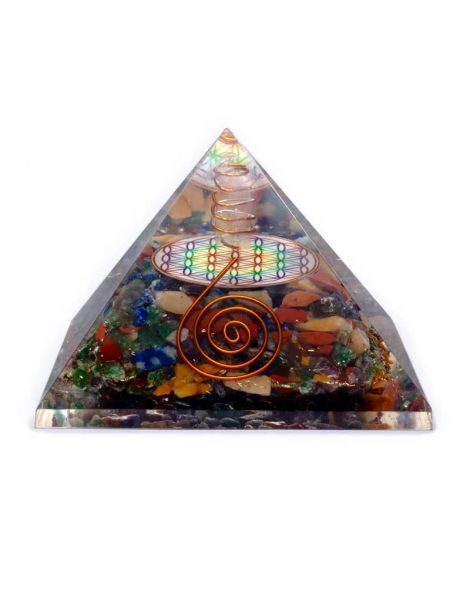 Orgonita Pirámide 7 Chakras con Flor de la Vida y Espiral 7x7x6 cm.