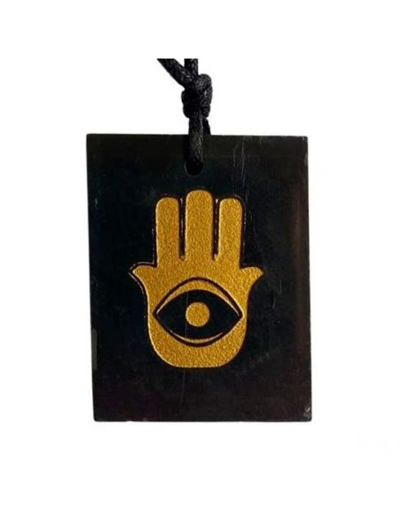 Colgante Rectángulo Mano de Fátima Dorada Shungit