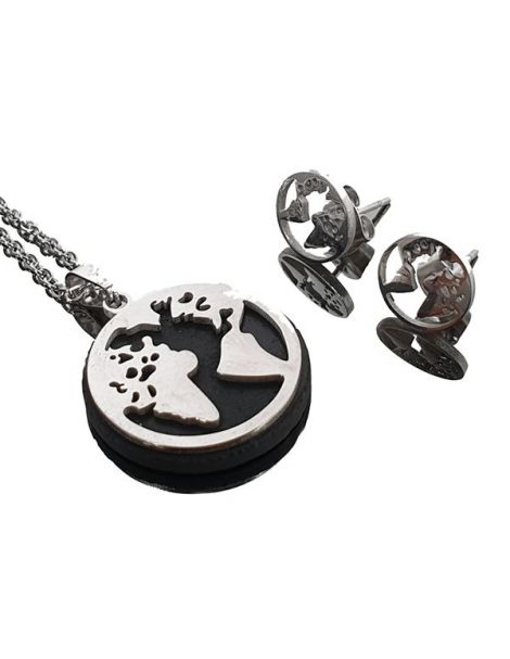 Colgante Mapa Mundi Metal Plateado + Pendientes Shungit