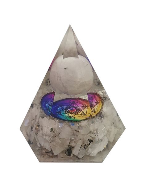 Orgonita Pirámide Hexagonal Piedra Luna con Esfera y Metatrón 7x8 cm.