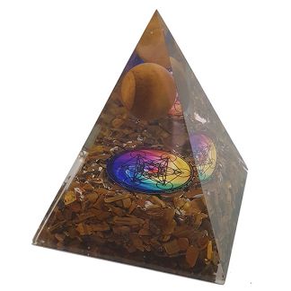 Orgonita Pirámide Ojo de Tigre con Esfera y Metatrón 7x7 cm.