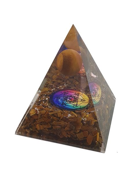 Orgonita Pirámide Ojo de Tigre con Esfera y Metatrón 7x7 cm.