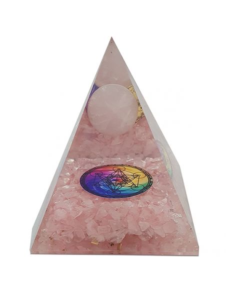 Orgonita Pirámide Cuarzo Rosa con Esfera y Metatrón 7x7 cm.