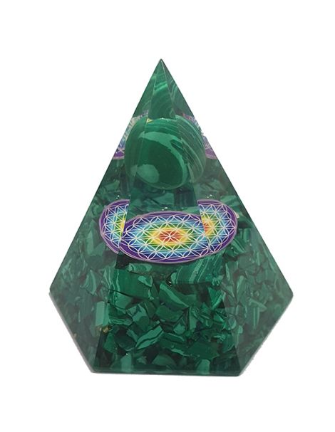 Orgonita Pirámide Hexagonal Malaquita con Esfera y Flor de la Vida 7x8 cm.