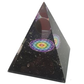 Orgonita Pirámide Turmalina Negra con Esfera y Flor de la Vida 7x7 cm.