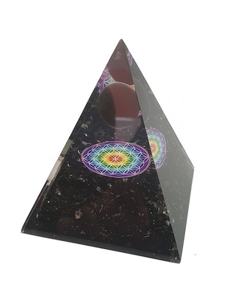 Orgonita Pirámide Turmalina Negra con Esfera y Flor de la Vida 7x7 cm.