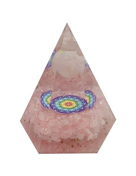 Orgonita Pirámide Hexagonal Cuarzo Rosa con Esfera y Flor de la Vida 7x8 cm.