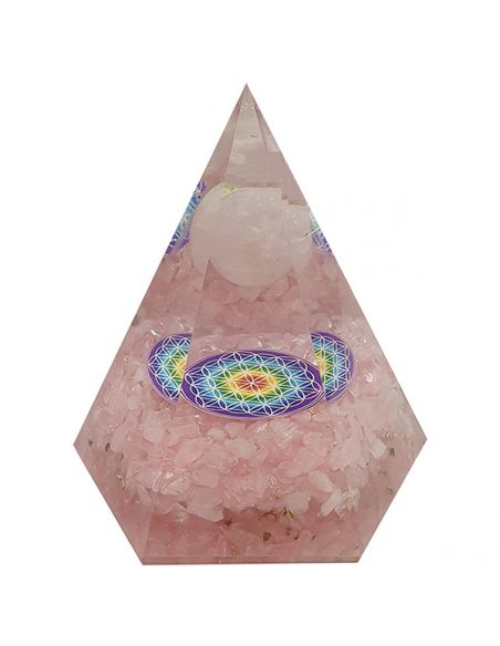 Orgonita Pirámide Hexagonal Cuarzo Rosa con Esfera y Flor de la Vida 7x8 cm.