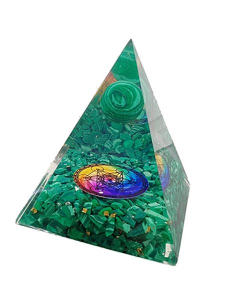 Orgonita Pirámide Malaquita con Esfera y Metatrón 7x7 cm.