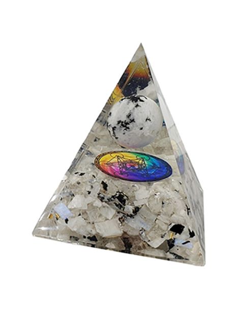 Orgonita Pirámide Piedra Luna con Esfera y Metatrón 7x7 cm.