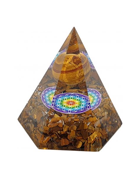 Orgonita Pirámide Hexagonal Ojo de Tigre con Esfera y Flor de la Vida 7x8 cm.