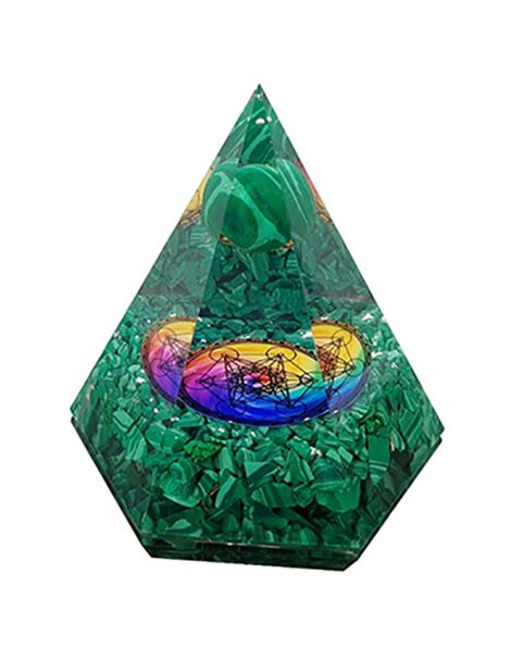 Orgonita Pirámide Hexagonal Malaquita con Esfera y Metatrón 7x8 cm.