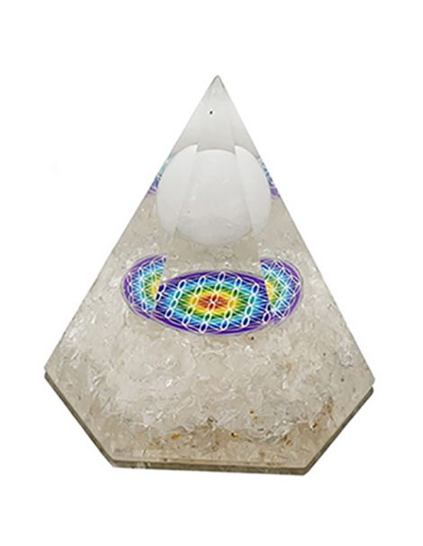 Orgonita Pirámide Hexagonal Cuarzo Blanco con Esfera y Flor de la Vida 7x8 cm.