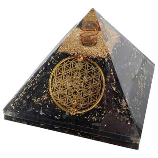 Orgonita Pirámide Shungit con Flor de la Vida 7x7 cm.