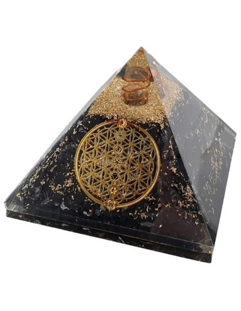 Orgonita Pirámide Shungit con Flor de la Vida 7x7 cm.