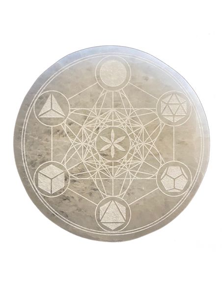 Placa de Selenita Grabada con Cubo Metatrón en Caja