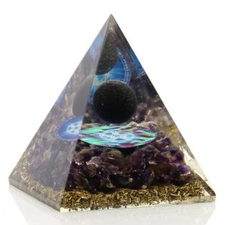 Orgonita Pirámide con Esfera de Turmalina y Pentagrama 7x8 cm.
