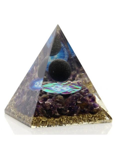 Orgonita Pirámide con Esfera de Turmalina y Pentagrama 7x8 cm.