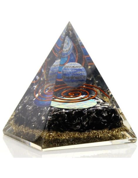Orgonita Pirámide con Esfera de Lapislázuli, Espiral y Flor de la Vida 7x8 cm.