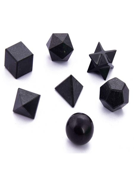 Juego de Siete Poliedros de Turmalina Negra en Bolsa de Tela