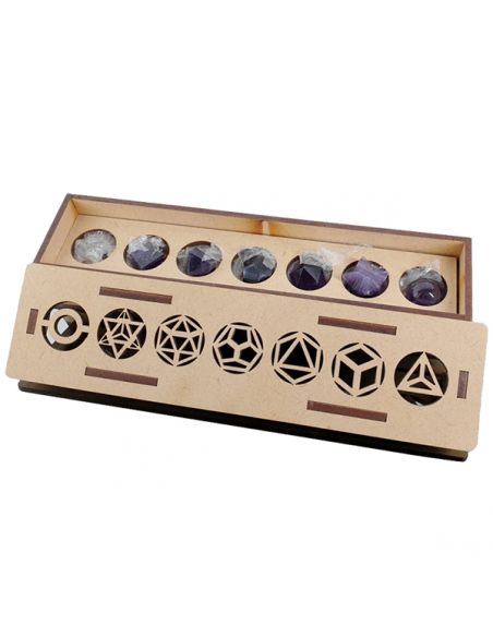 Juego de Siete Poliedros de Amatista en caja de Madera