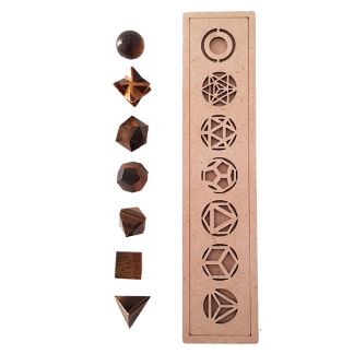 Juego de Siete Poliedros de Ojo de Tigre en caja de Madera