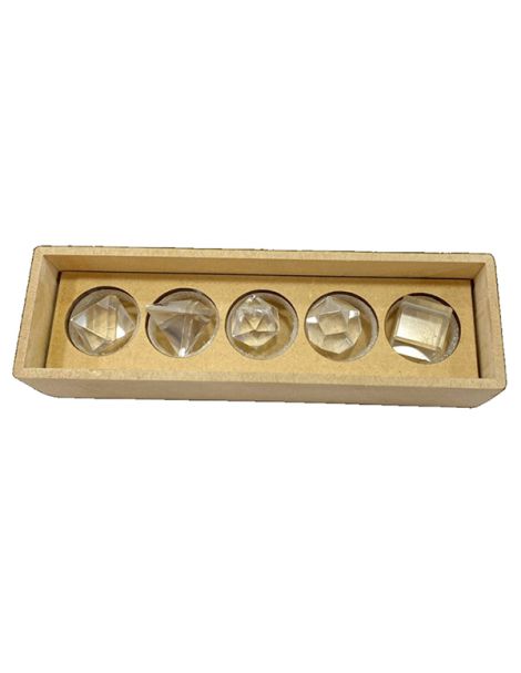 Juego de Cinco Poliedros de Cuarzo en caja de Madera