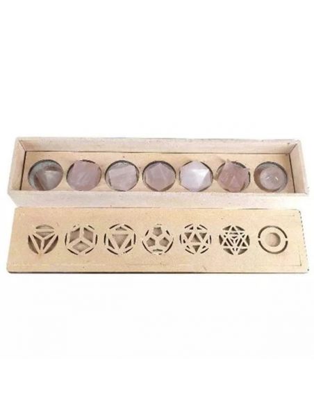 Juego de Siete Poliedros de Cuarzo Rosa en caja de Madera