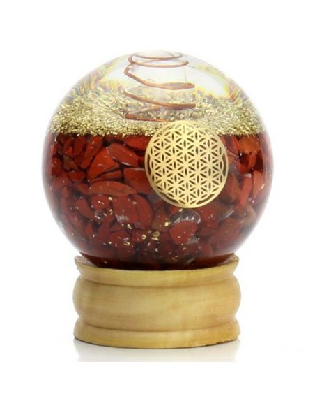 Orgonita Esfera Jaspe Rojo y Espiral con Flor de la Vida - 6 cm.