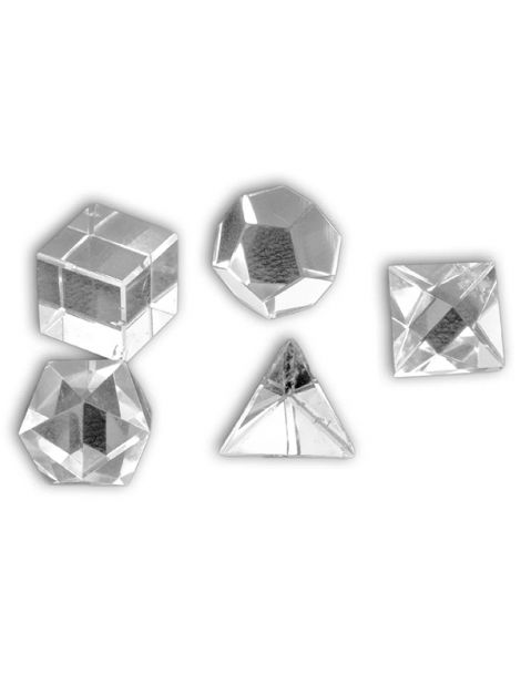 Juego de Cinco Poliedros de Cuarzo Transparente en Bolsa de Tela